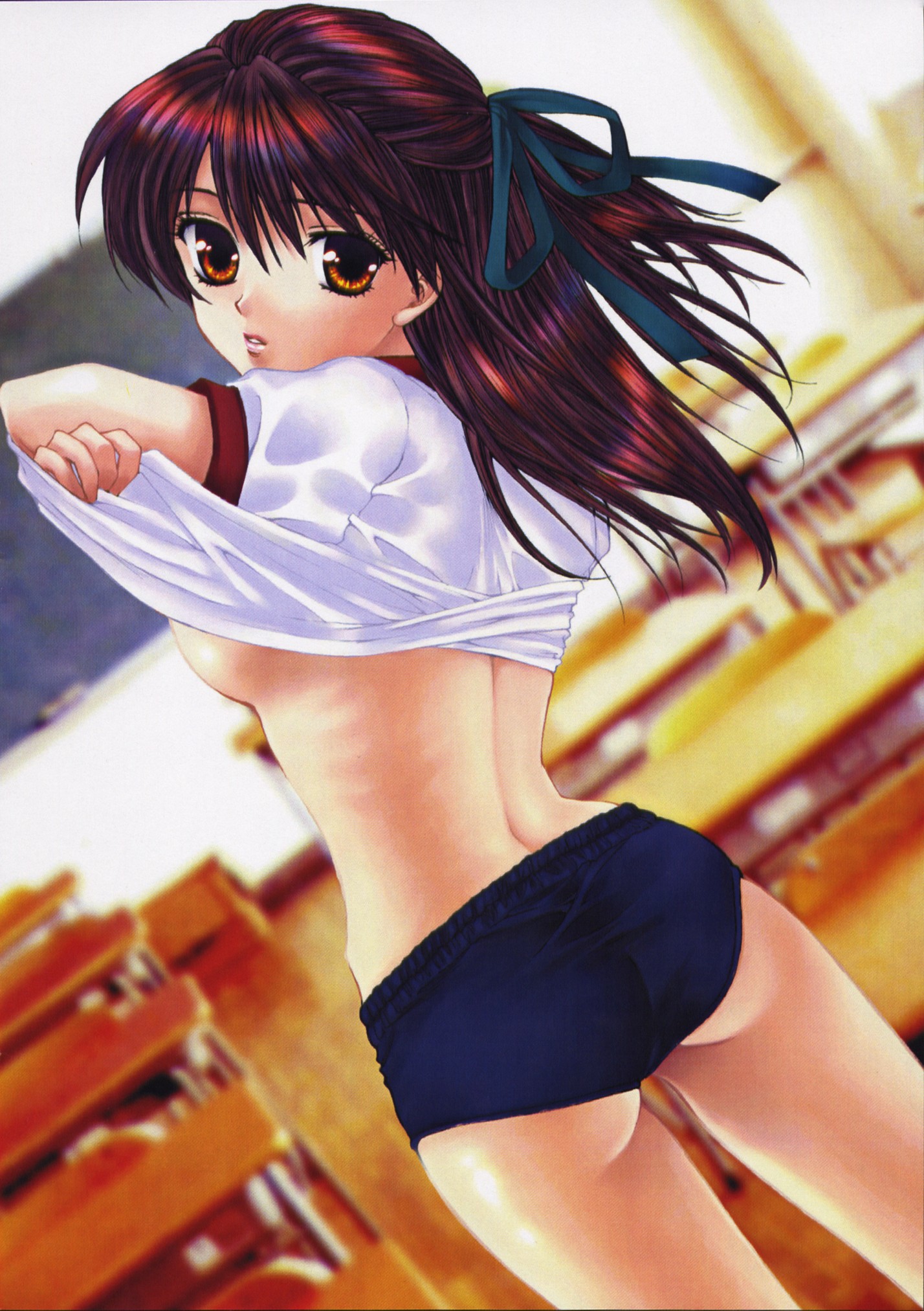 highres, blush, buruma, gym uniform, hair ribbon, looking back, red hair, ribbon, solo, undressing