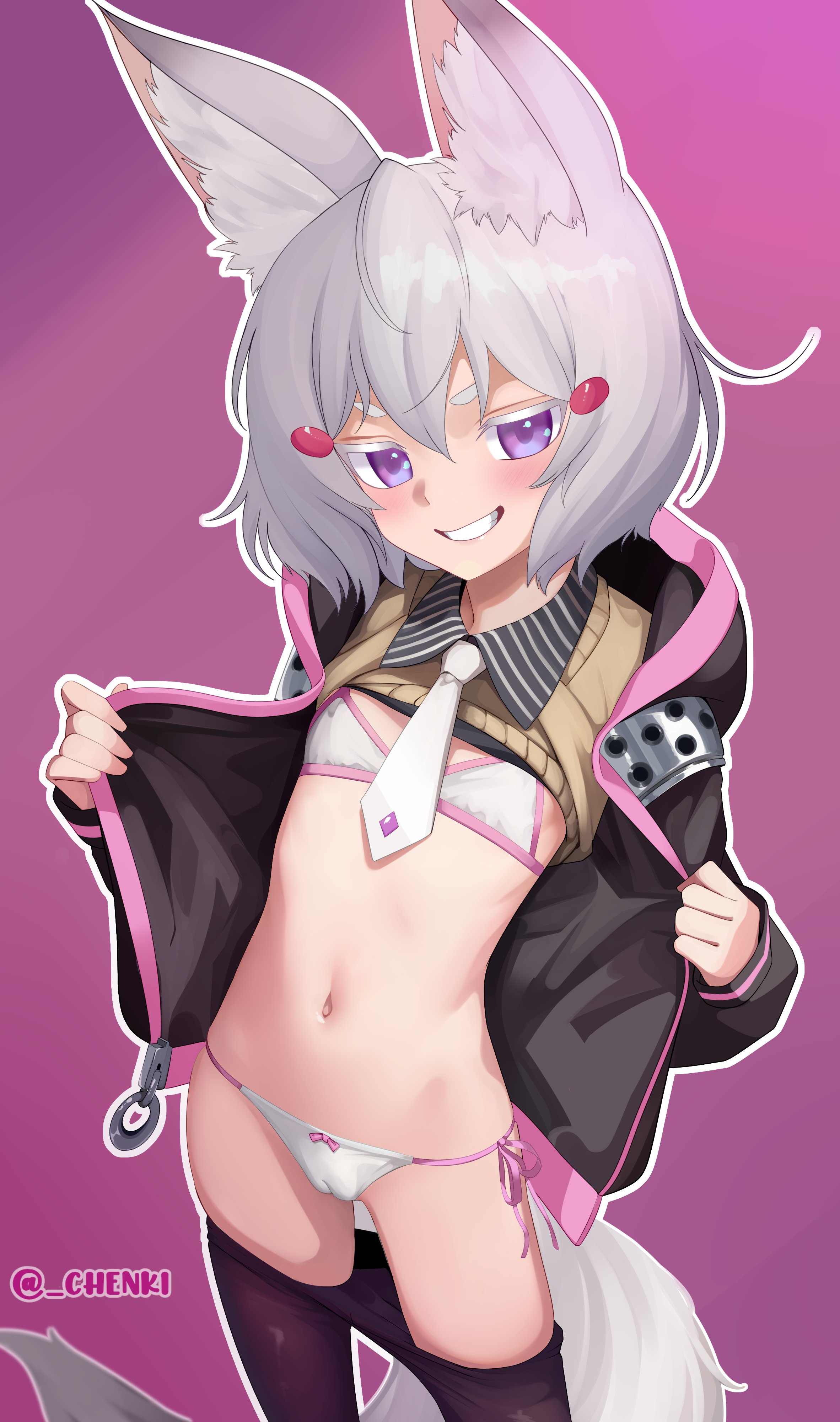 chenki (chenki), tenma maemi, phase connect, absurdres, highres, 1girl, animal ears, bra, clothes pull, flat chest, fox ears, hair ornament, jacket, navel, open clothes, open jacket, panties, pantyhose, pantyhose pull, purple eyes, smile, solo, tail, underwear, white panties