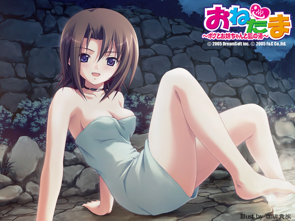 takami haruka, onetama, 1girl, bare shoulders, blue eyes, blush, brown hair, female focus, impossible towel, naked towel, onsen, short hair, solo, towel, water