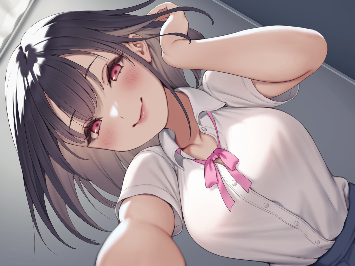pokachu, original, commentary request, 1girl, black hair, blue skirt, blush, breasts, collared shirt, hand in own hair, large breasts, lips, looking at viewer, medium hair, multicolored hair, neck ribbon, red eyes, ribbon, selfie, shirt, shirt tucked in, skirt, smile, solo, tented shirt, white shirt