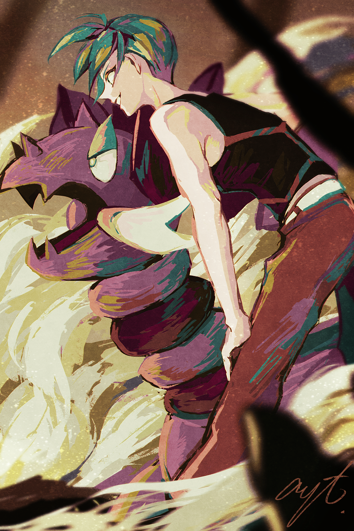 aaron (pokemon), drapion, nintendo, pokemon, pokemon dppt, highres, 1boy, black shirt, from side, gen 4 pokemon, green hair, grin, hands on own knees, leaning forward, male focus, pants, pokemon (creature), red pants, shiratama14, shirt, short hair, signature, sleeveless, sleeveless shirt, smile