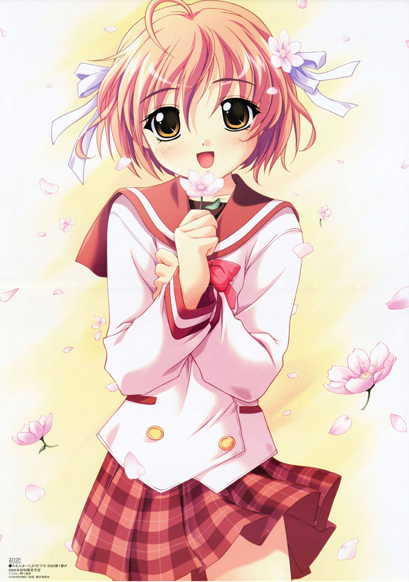 nonohara miki, sakurai komomo, hatsukoi, rune, game cg, scan, 00s, 1girl, :d, ahoge, blush, copyright name, female focus, flower, hair flower, hair ornament, hair ribbon, holding, holding flower, looking at viewer, open mouth, pink hair, plaid clothes, plaid skirt, red hair, ribbon, school uniform, serafuku, short hair, skirt, smile, solo, yellow eyes