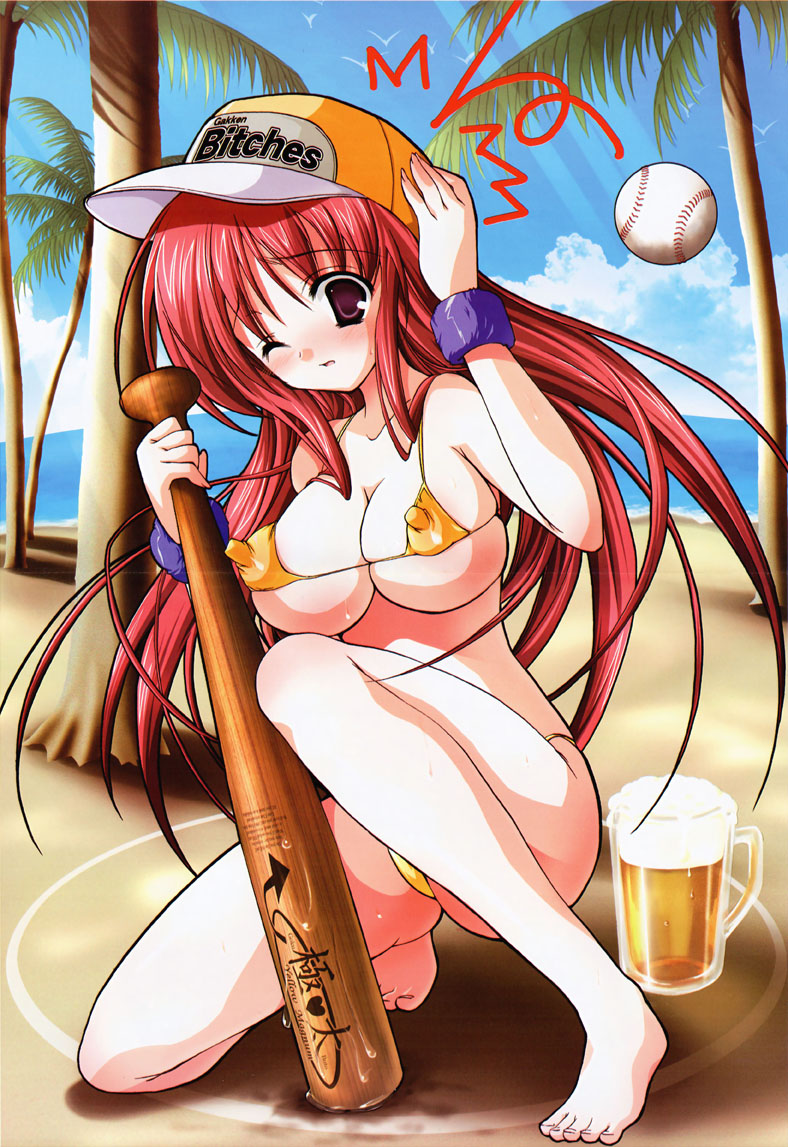 misakura nankotsu, original, 1girl, alcohol, ball, baseball bat, baseball cap, beach, beer, beer mug, bikini, blush, breasts, covered erect nipples, cup, day, female focus, hat, huge breasts, large breasts, mug, outdoors, pink hair, solo, swimsuit