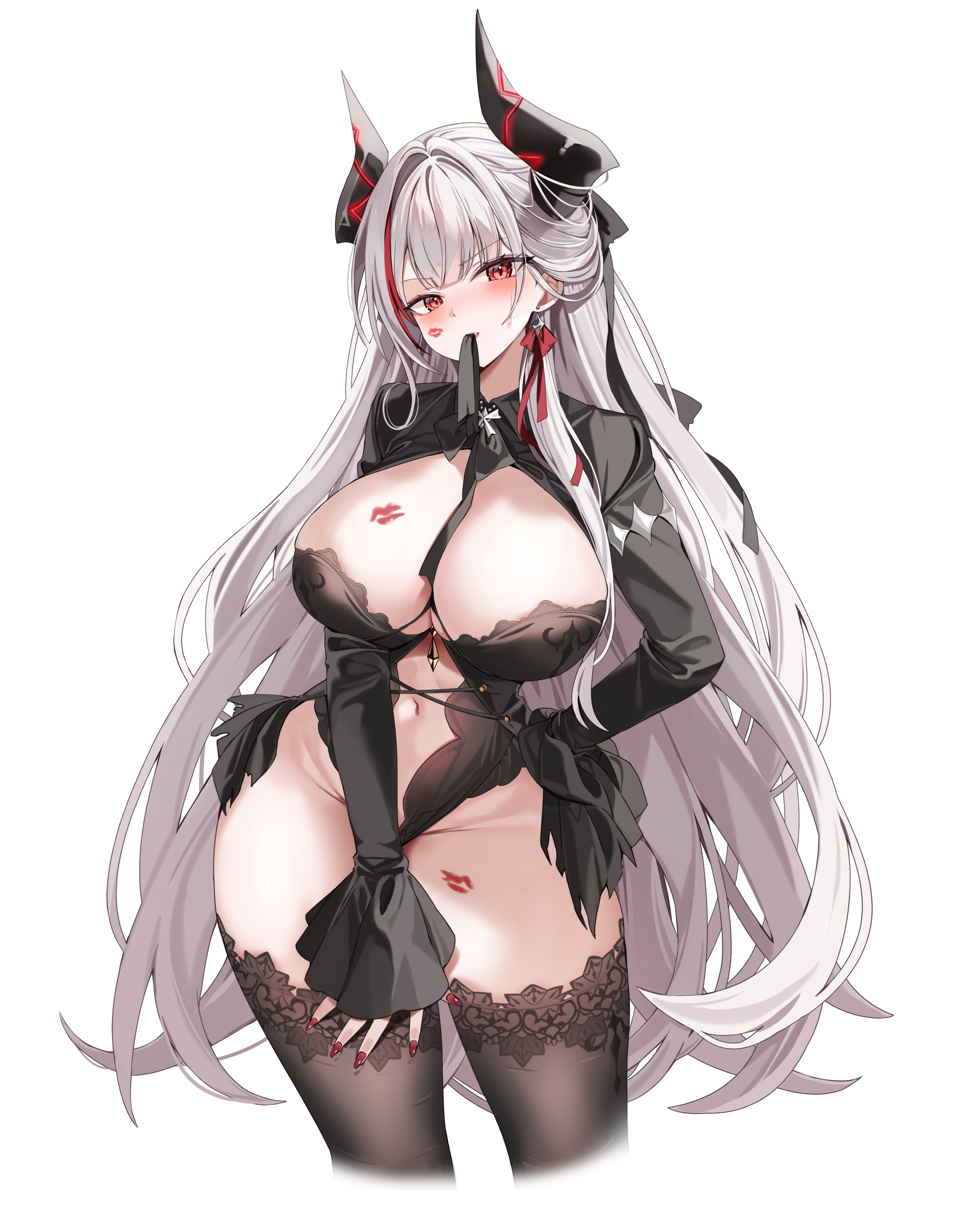 sayan, admiral zenker (azur lane), azur lane, absurdres, commentary, english commentary, highres, 1girl, between breasts, black bow, black horns, black ribbon, black shrug, black thighhighs, blush, bow, breasts, cleavage, contrapposto, earrings, glowing horns, groin, hair intakes, hand on own hip, hand on own thigh, head tilt, highleg, horns, jewelry, large breasts, lipstick mark, long hair, long sleeves, looking at viewer, mouth hold, nail polish, navel, red eyes, red nails, red streaks, revealing clothes, ribbon, ribbon in mouth, shrug (clothing), simple background, solo, standing, stomach, thighhighs, thighs, very long hair, white background, white hair