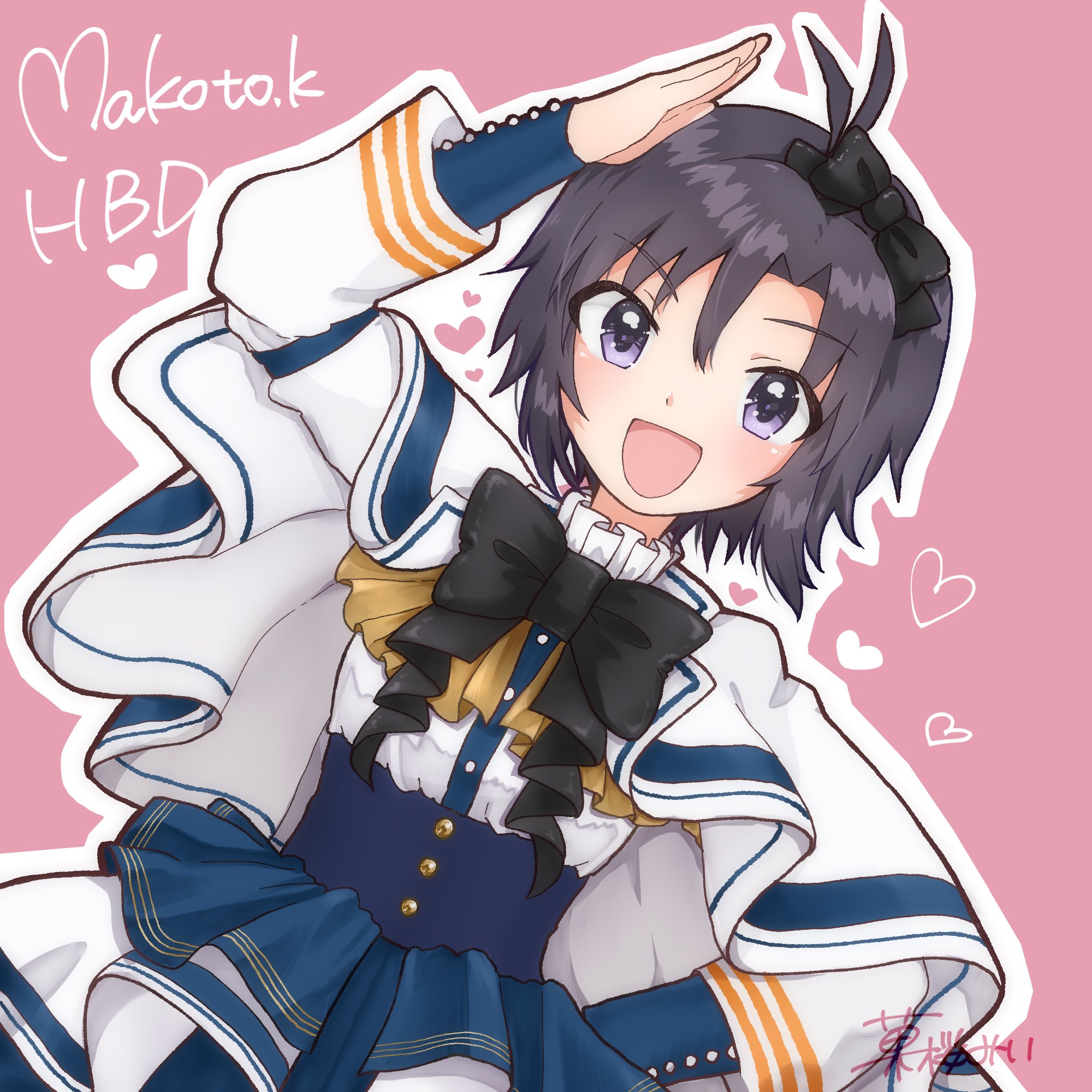 kikuchi makoto, idolmaster, idolmaster million live!, idolmaster million live! theater days, highres, 1girl, :d, antenna hair, black hair, black ribbon, blouse, blue skirt, blue trim, frilled shirt collar, frills, happy birthday, heart, kazakuramii, light blush, looking at viewer, open mouth, parted bangs, pink background, purple eyes, ribbon, shirt, short hair, skirt, smile, solo