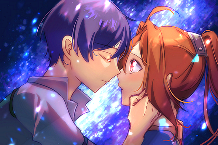 zer00han, estelle bright, joshua bright, eiyuu densetsu, sora no kiseki, 1boy, 1girl, ahoge, antenna hair, blue hair, brown hair, closed eyes, hair intakes, long hair, red eyes, short hair, twintails