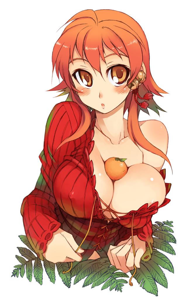 kusanagi tonbo, windy wing, original, tagme, 1girl, areola slip, bell, blush, breasts, cleavage, covered erect nipples, female focus, fern, food, food between breasts, food on body, food on breasts, fruit, looking at viewer, mandarin orange, medium breasts, no bra, off shoulder, oppai mochi, orange (fruit), orange eyes, orange hair, parted lips, shiny skin, simple background, solo, upper body, white background