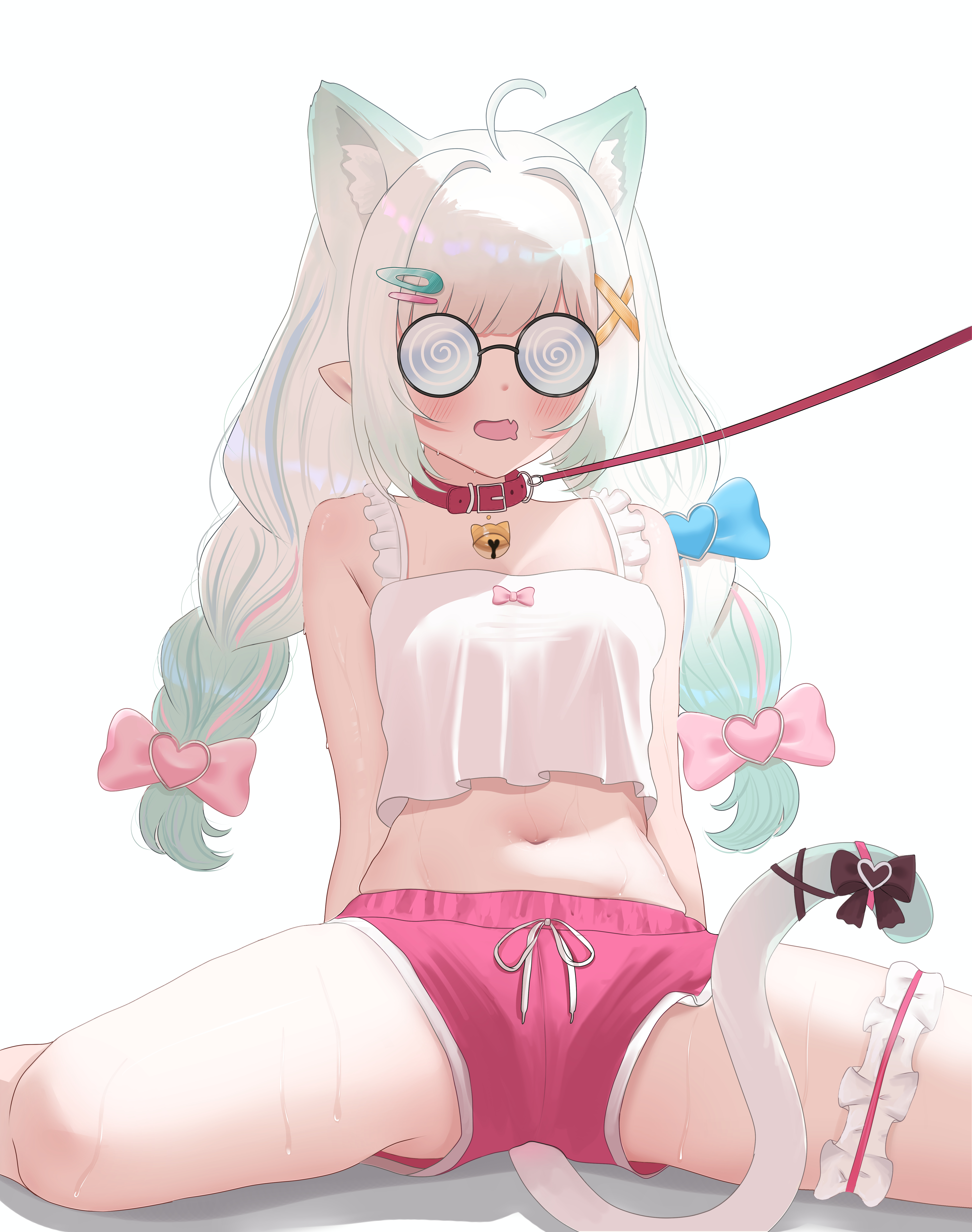 andrl, mint fantome, mint fantome (otaku), indie virtual youtuber, absurdres, commentary, highres, 1girl, ahoge, animal ear fluff, animal ears, arms behind back, bell, blue bow, blunt bangs, blush, bow, braid, camisole, cat ears, cat girl, cat tail, coke-bottle glasses, collar, crop top, dolphin shorts, drooling, frilled thigh strap, glasses, gradient hair, green hair, hair bow, hair ornament, hairclip, leash, long hair, low twin braids, midriff, mouth drool, multicolored hair, navel, neck bell, official alternate costume, official alternate hairstyle, open mouth, pink bow, pink collar, pink shorts, pointy ears, shorts, simple background, sitting, solo, sweat, swept bangs, tail, tail bow, tail ornament, thigh strap, twin braids, virtual youtuber, white background, white camisole, white hair, x hair ornament