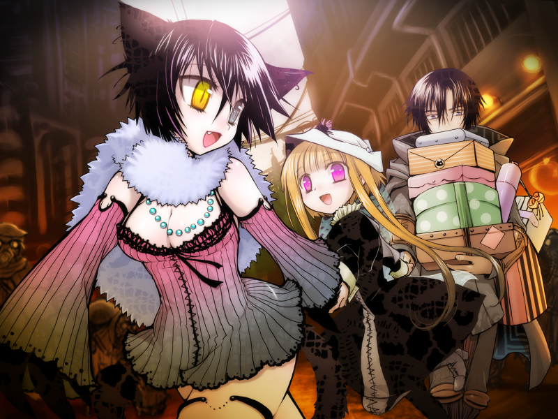 kia (53y), ooishi ryuuko, ati, ati (sekien no inganock), gii, kia (sekien no inganock), liarsoft, sekien no inganock, steampunk (liarsoft), game cg, 1boy, 2girls, animal ears, cat ears, cat tail, heterochromia, multiple girls, tail
