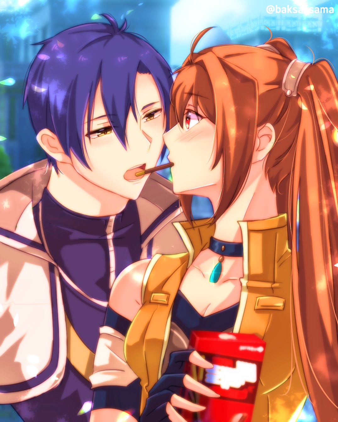 zer00han, estelle bright, joshua bright, eiyuu densetsu, sen no kiseki, sen no kiseki (series), sen no kiseki iv, highres, 1boy, 1girl, ahoge, antenna hair, blue hair, blush, brown hair, cropped jacket, embarrassed, fingerless gloves, food, food in mouth, gloves, hair intakes, incoming pocky kiss, long hair, open mouth, pendant choker, pocky, pocky in mouth, red eyes, short hair, sideburns, sleeveless, twintails, wing collar, yellow eyes