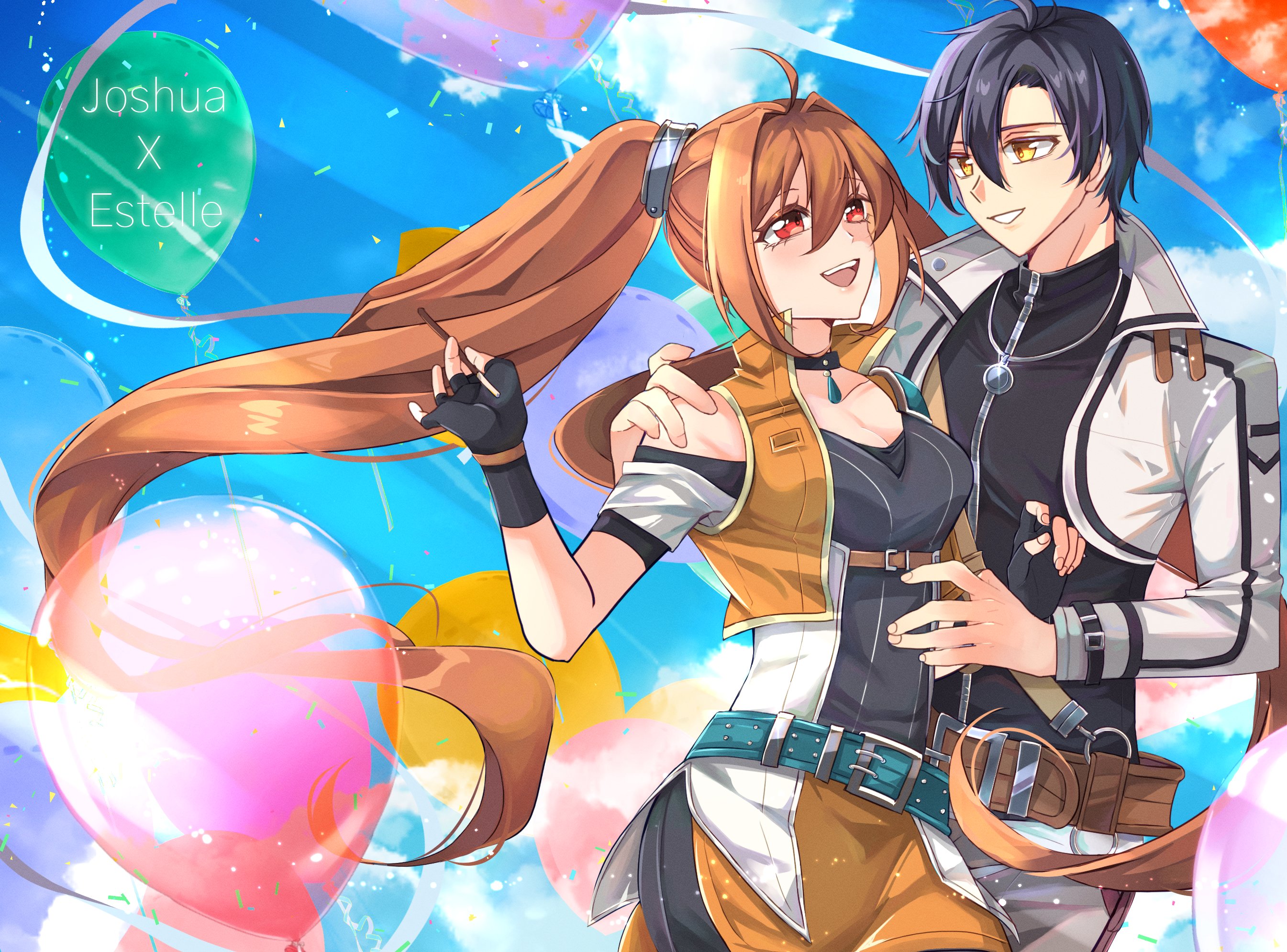 zer00han, estelle bright, joshua bright, eiyuu densetsu, sen no kiseki, sen no kiseki (series), sen no kiseki iv, highres, 1boy, 1girl, ahoge, antenna hair, balloon, black gloves, black hair, blue sky, brown hair, cloud, cropped jacket, double-parted bangs, english text, fingerless gloves, floating hair, food, gloves, hair between eyes, hair intakes, holding, holding food, holding pocky, jacket, long hair, long sleeves, open mouth, parted bangs, pocky, red eyes, short hair, sky, sleeveless, smile, upper body, very long hair, yellow eyes