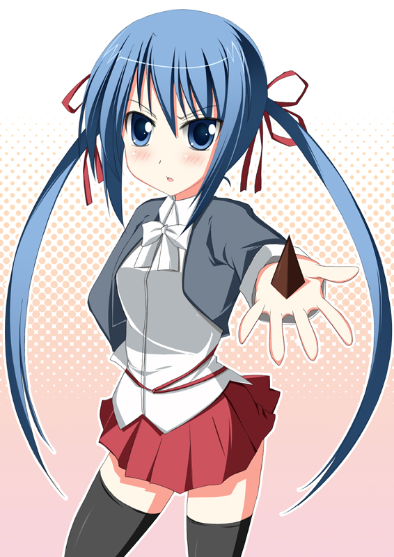 shio, amatsuka tsurara, baby princess, 10s, 1girl, black thighhighs, blue eyes, blue hair, chocolate, contrapposto, female focus, food, holding, holding food, long sleeves, looking at viewer, matching hair/eyes, outstretched arm, solo, standing, thighhighs, twintails