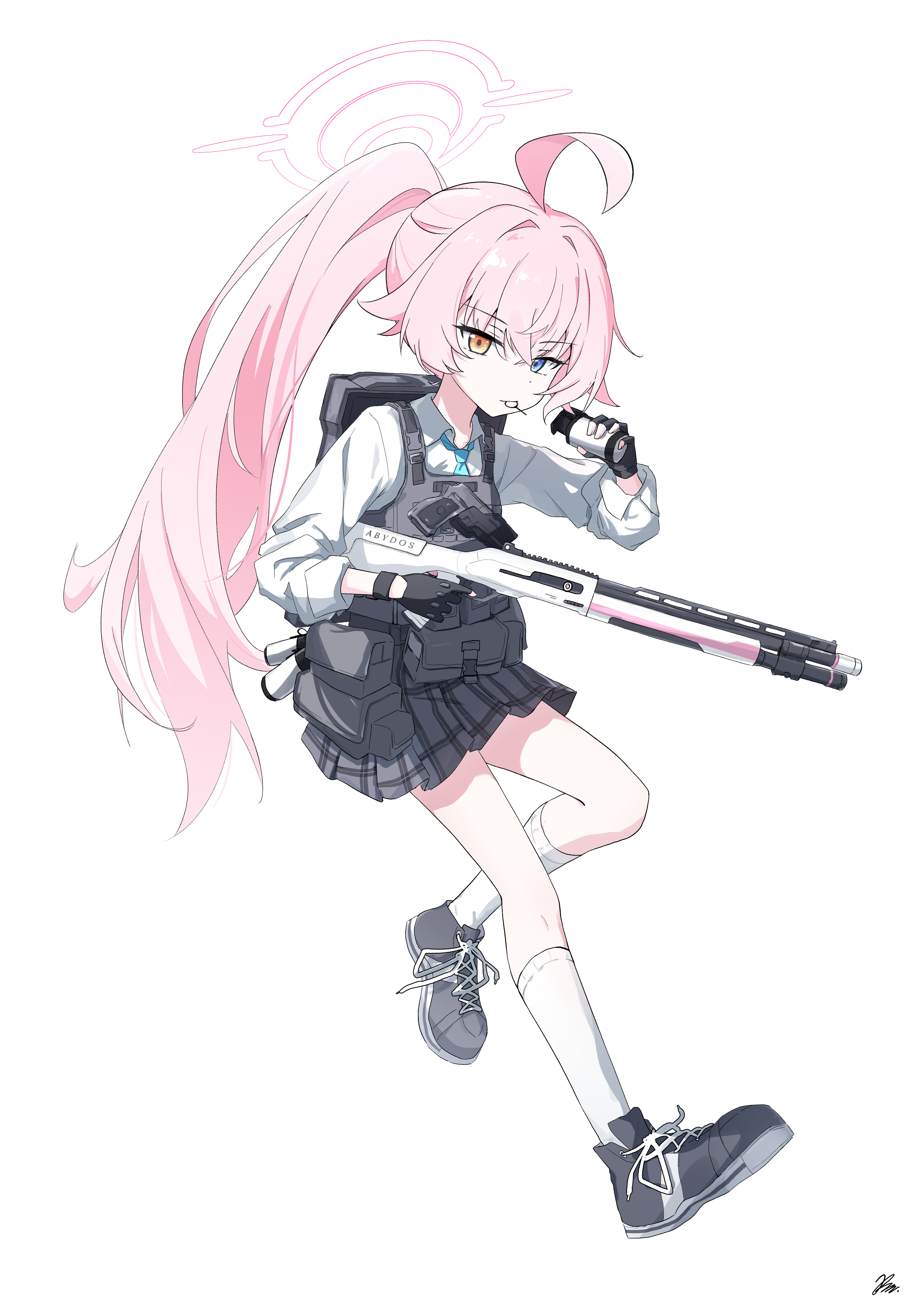 kiroshi, hoshino (armed) (blue archive), hoshino (blue archive), blue archive, absurdres, highres, 1girl, black gloves, blue eyes, blue necktie, bulletproof vest, checkered clothes, checkered skirt, fingerless gloves, gloves, grey skirt, gun, halo, heterochromia, holding, holding gun, holding weapon, necktie, pink hair, pink halo, ponytail, shirt, shotgun, simple background, skirt, socks, solo, thighs, weapon, white background, white shirt, white socks, yellow eyes