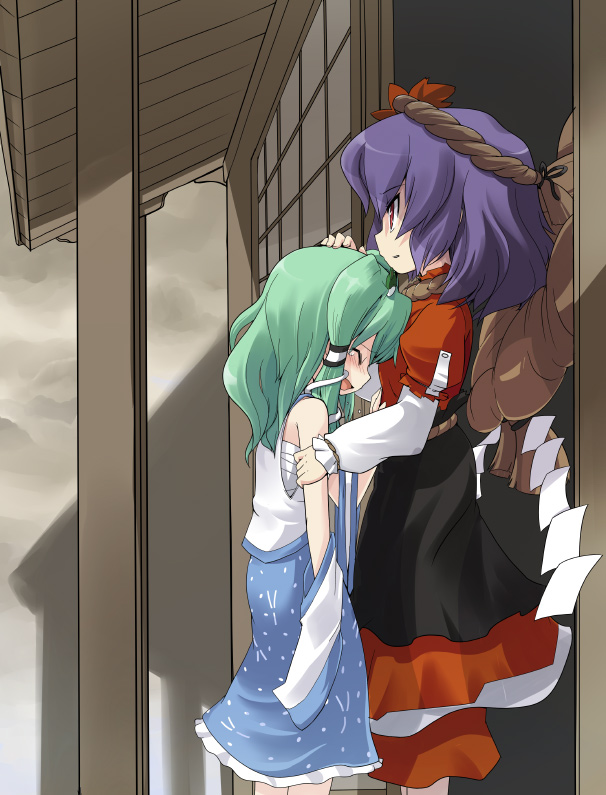 mamo williams, kochiya sanae, yasaka kanako, touhou, 2girls, blush, comforting, female focus, green hair, hair ornament, headpat, leaf, leaf hair ornament, multiple girls, profile, purple hair, rope, shimenawa, standing, tears, veranda
