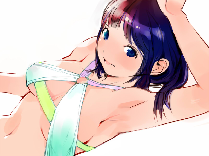 igarashi mangou, original, 1girl, arm up, armpits, bikini, blue eyes, breasts, female focus, from above, gradient hair, lips, multicolored hair, o-ring, o-ring top, purple hair, red hair, short hair, simple background, solo, swimsuit