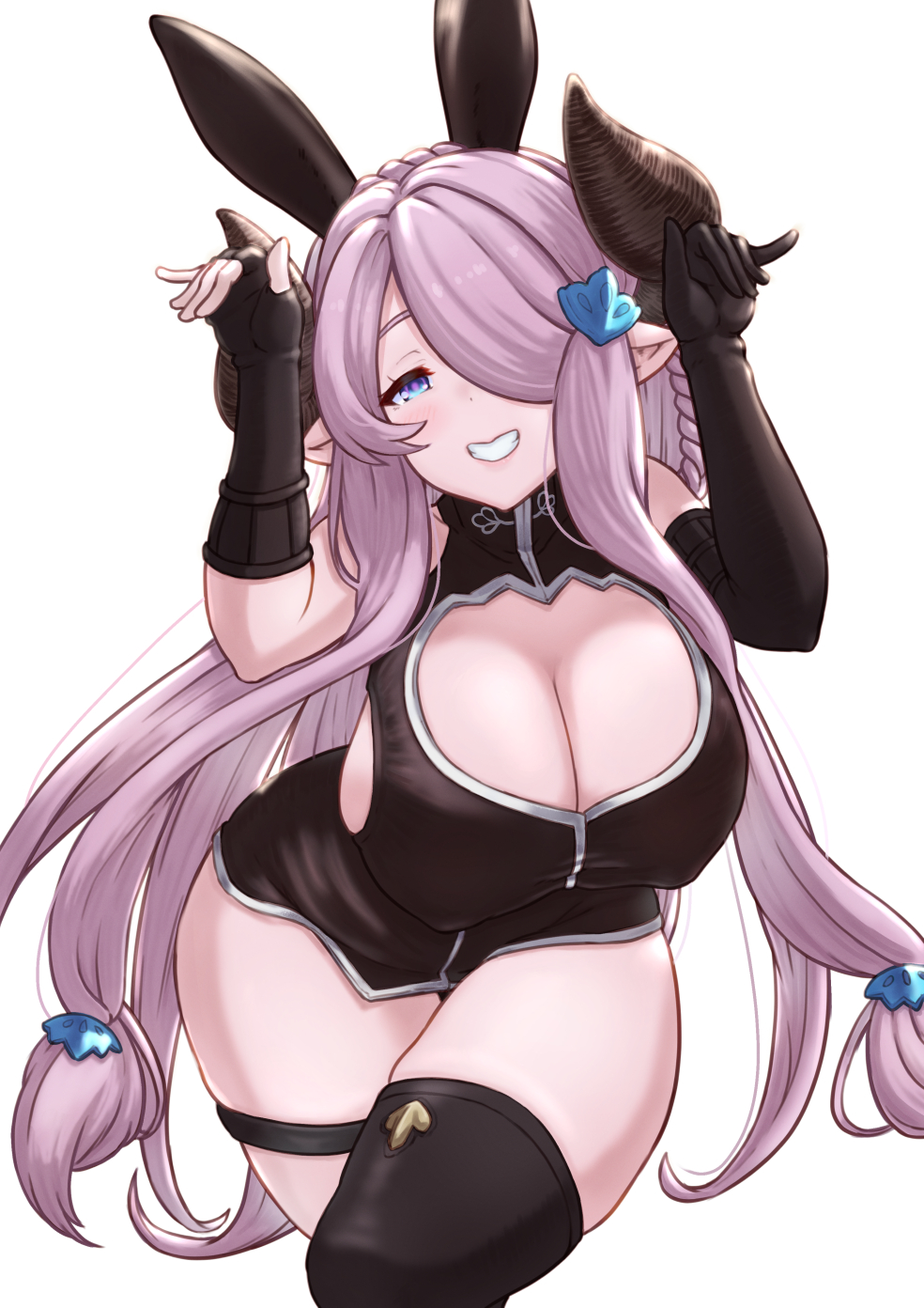 teriton, narmaya (granblue fantasy), granblue fantasy, commentary request, highres, 1girl, animal ears, blue eyes, braid, breasts, bright pupils, cleavage, cleavage cutout, clothing cutout, crown braid, draph, fake animal ears, grin, hair ornament, hair over one eye, hairclip, horns, large breasts, long hair, low-tied long hair, parted bangs, partially undressed, pink hair, pointy ears, rabbit ears, rabbit pose, simple background, single thighhigh, smile, solo, thigh strap, thighhighs, thighs, white background