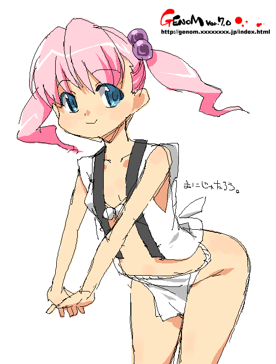 onija tarou, original, bent over, blue eyes, fundoshi, hair bobbles, hair ornament, happi, japanese clothes, kimono, mizu happi, oekaki, pink hair, solo, twintails