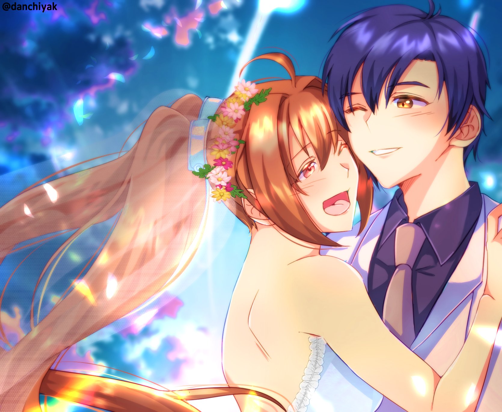 zer00han, estelle bright, joshua bright, eiyuu densetsu, sora no kiseki, highres, 1boy, 1girl, ahoge, antenna hair, backless dress, backless outfit, bare shoulders, brown hair, dress, flower wreath, formal clothes, hair intakes, head wreath, long hair, necktie, one eye closed, open mouth, red eyes, sleeveless, sleeveless dress, smile, suit, twintails, wedding dress, white suit, yellow eyes