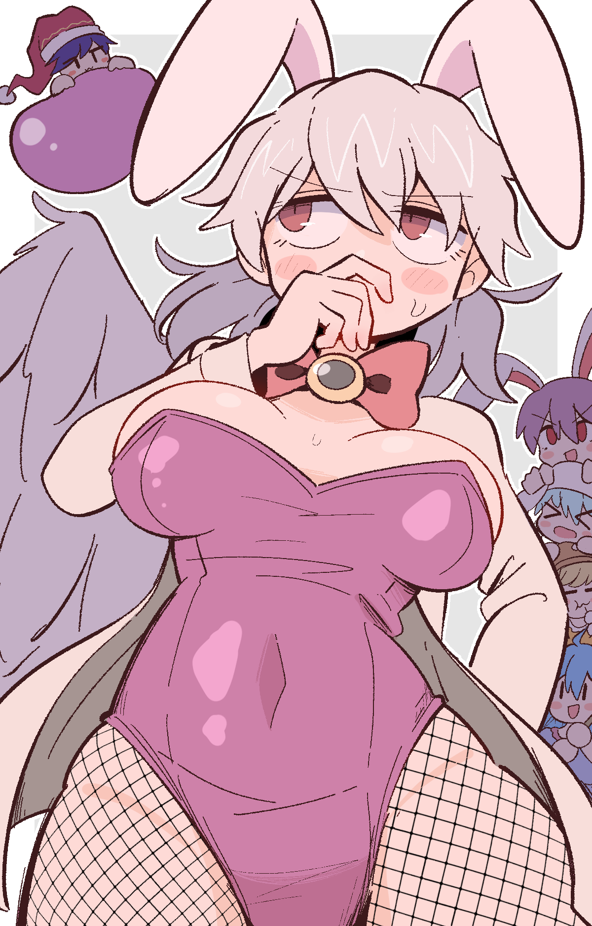 kurachi mizuki, doremy sweet, kishin sagume, reisen (touhou bougetsushou), reisen udongein inaba, ringo (touhou), seiran (touhou), touhou, commentary request, highres, partial commentary, > <, 6+girls, :3, = =, ahoge, animal ears, animal hood, blonde hair, blue hair, blue shirt, blush stickers, border, bow, bowtie, breasts, brooch, brown hat, brown shirt, cape, chibi, closed eyes, closed mouth, covering own mouth, cowboy shot, dango, double-parted bangs, dream soul, eating, fake animal ears, fishnet leggings, floating hair, food, grey background, hair between eyes, hand on another's head, hand over own mouth, hat, holding, holding mallet, hood, jewelry, kine, large breasts, leotard, long hair, looking to the side, looking up, mallet, medium hair, multiple girls, open mouth, peeking out, pink bow, pink bowtie, pink trim, playboy bunny, purple hair, purple leotard, rabbit ears, rabbit girl, rabbit hood, red eyes, red hat, santa hat, shirt, simple background, single wing, smile, solo focus, strapless, strapless leotard, sweatdrop, swept bangs, v-shaped eyebrows, wagashi, white border, white cape, white hair, white wrist cuffs, wings, wrist cuffs, | |