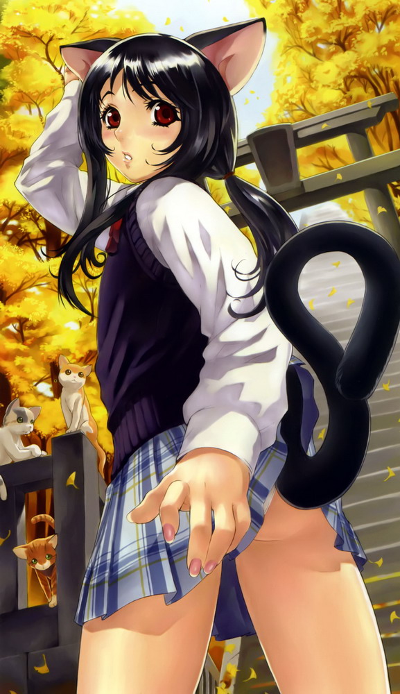 eiwa, 1girl, animal ears, ass, autumn, black hair, cat, cat ears, cat tail, clothes lift, female focus, leaf, long hair, looking back, plaid clothes, plaid skirt, ponytail, red eyes, school uniform, serafuku, skirt, skirt lift, solo, stairs, sweater, sweater vest, tail, torii