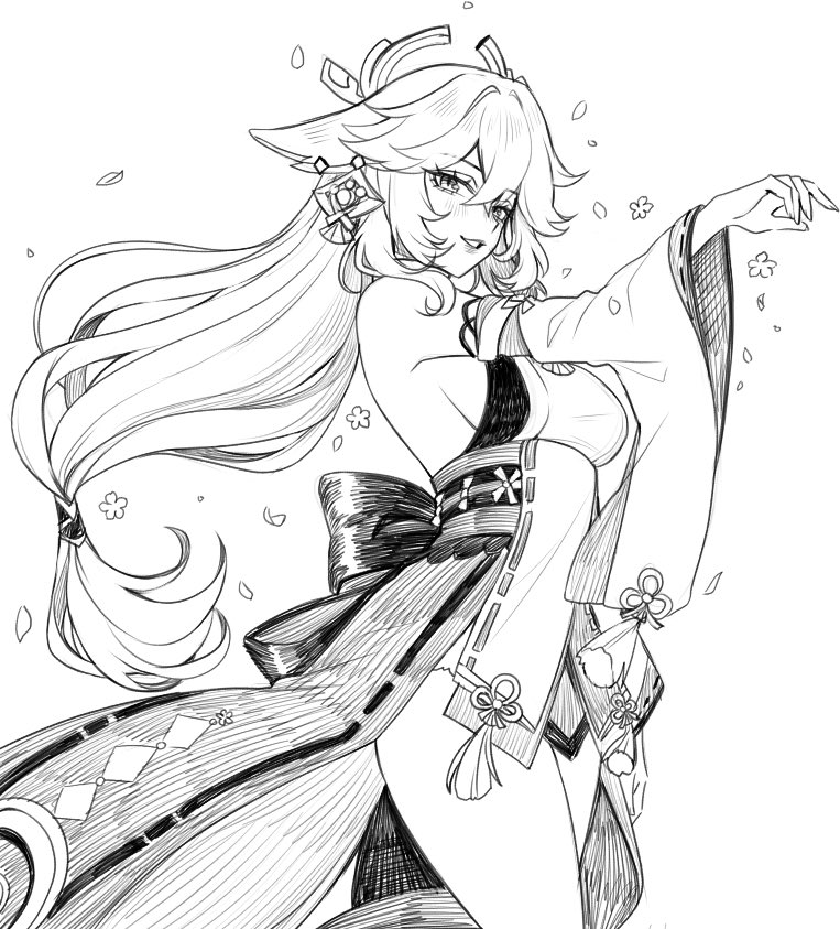 sasucchi95, yae miko, genshin impact, commentary, english commentary, 1girl, :d, aegyo sal, back bow, bare shoulders, bow, breasts, cowboy shot, detached sleeves, double-parted bangs, falling petals, fingernails, flower, from below, greyscale, grin, hair between eyes, hair flaps, hatching (texture), lips, long hair, long sleeves, looking at viewer, low-tied long hair, medium breasts, monochrome, nontraditional miko, open mouth, petals, shirt, sideboob, simple background, skirt, sleeveless, sleeveless shirt, smile, solo, standing, tsurime, very long hair, white background, wide sleeves