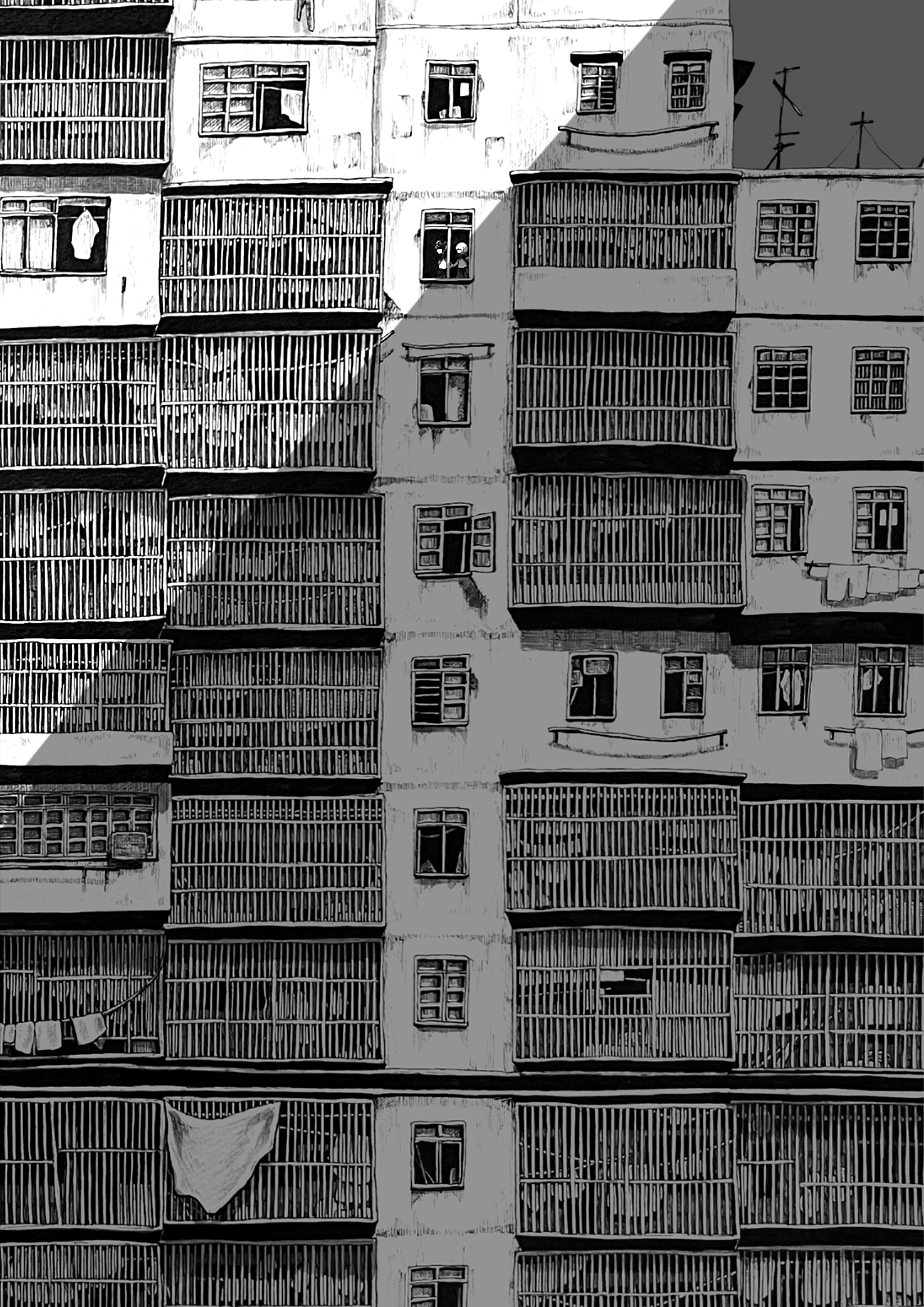 ibsukionsen, original, absurdres, commentary request, highres, 2girls, absurdly detailed composition, building, clothesline, complex exterior, greyscale, monochrome, multiple girls, outdoors, power lines, scenery, shadow, utility pole, very wide shot