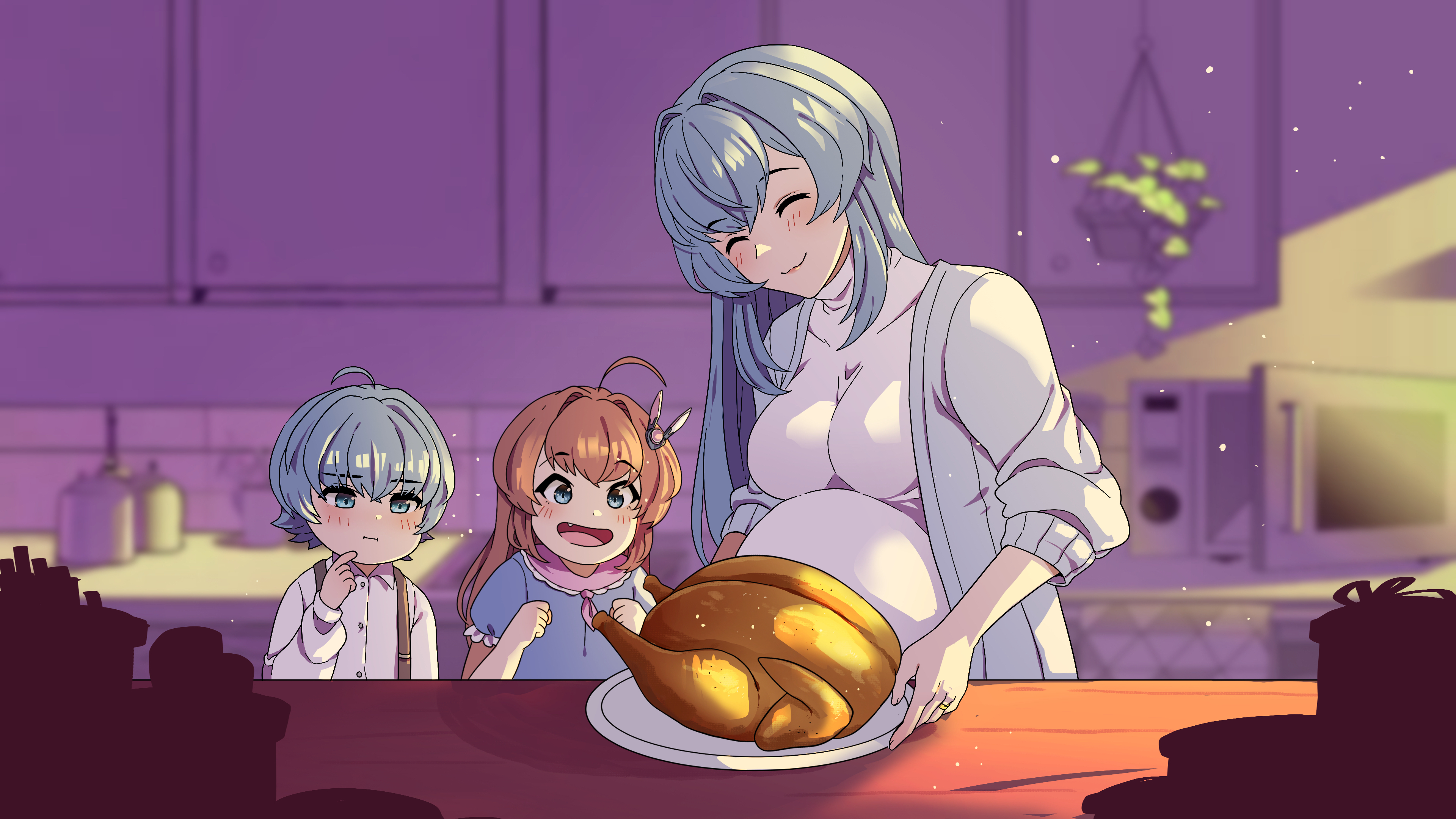 canned sardines, new jersey (azur lane), azur lane, absurdres, commentary, english commentary, highres, second-party source, 1boy, 2girls, ^ ^, ahoge, alternate costume, animal ears, big belly, blue eyes, blue hair, blurry, blurry background, blush, breasts, brother and sister, brown hair, buttons, cardigan, casual, clenched hands, closed eyes, closed mouth, collared shirt, cupboard, dark foreground, day, dress, expressionless, fake animal ears, fang, fingernails, food, hair intakes, hair ornament, hanging plant, indoors, jar, jewelry, kitchen, large breasts, leaf, light particles, long hair, long sleeves, microwave, mother and child, mother and daughter, mother and son, multiple girls, open cardigan, open clothes, open mouth, pink dress, plant, plate, potted plant, pregnant, rabbit hair ornament, ring, shirt, short hair, short sleeves, siblings, sidelocks, silhouette, smile, sunlight, suspenders, table, thanksgiving, turkey (food), twins, wedding ring, white cardigan, white shirt