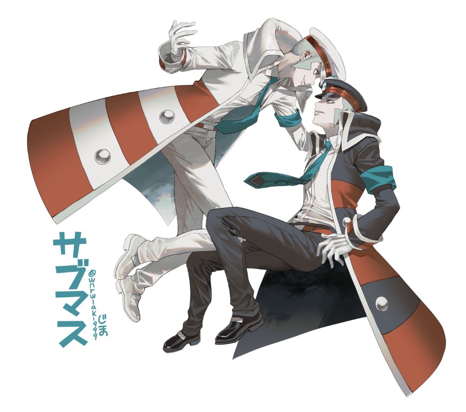 wnrwlak 999, asahina mafuyu, emmet (pokemon), ingo (pokemon), nintendo, pokemon, pokemon bw, translation request, 2boys, belt, black coat, black hat, black pants, black shoes, blue necktie, brothers, coat, collared shirt, full body, hat, male focus, multiple boys, necktie, pants, red belt, shirt, shoes, siblings, striped coat, twins, white background, white coat, white hat, white pants, white shirt, white shoes