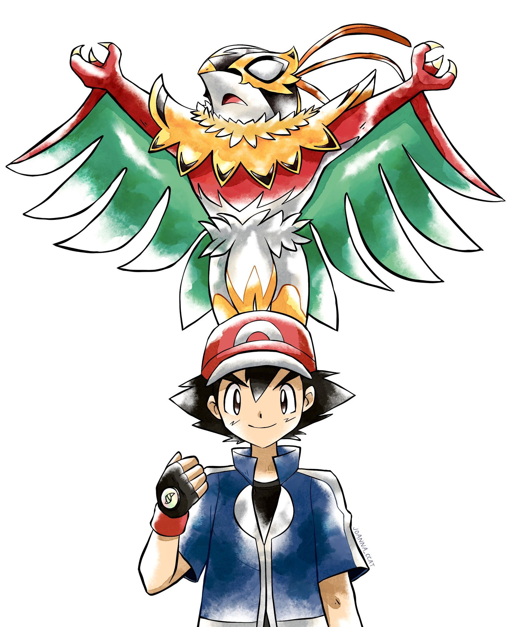 joanna ccat, ash ketchum, hawlucha, mega hawlucha, nintendo, pokemon, pokemon (anime), pokemon legends: z-a, pokemon xy (anime), highres, 1boy, baseball cap, blue jacket, gen 6 pokemon, hat, jacket, open clothes, open jacket, pokemon (creature), red hat, spiked hair