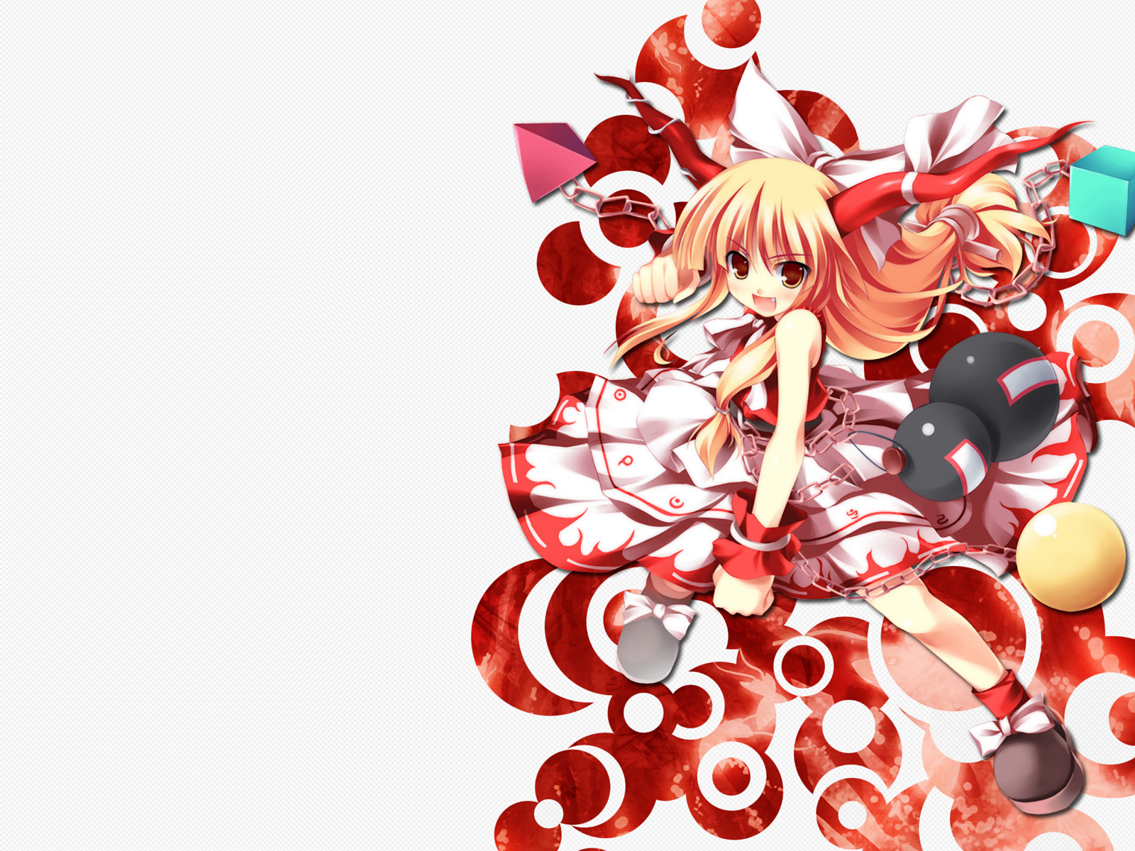 tateha (marvelous grace), ibuki suika, touhou, bad id, highres, >:d, 1girl, :d, alternate color, ball, bare shoulders, black shoes, blunt bangs, bow, brown eyes, chain, clenched hands, cube, dress, fang, female focus, footwear bow, gourd, hair bow, horn ornament, horn ribbon, horns, long hair, looking at viewer, low-tied long hair, open mouth, orange hair, pyramid (structure), red socks, ribbon, shirt, shoes, skirt, sleeveless, sleeveless shirt, smile, socks, solo, v-shaped eyebrows, white bow, white ribbon, white skirt, wrist cuffs