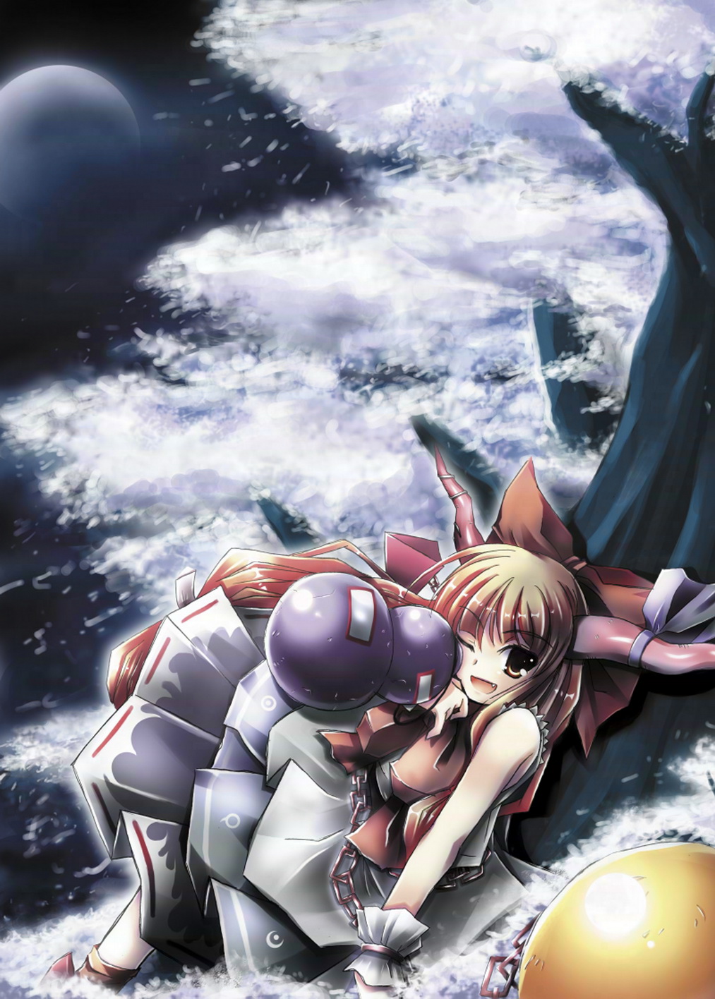 ibuki suika, touhou, highres, 1girl, blouse, female focus, full moon, horns, long hair, moon, shirt, sleeveless, sleeveless shirt, solo, very long hair, white shirt