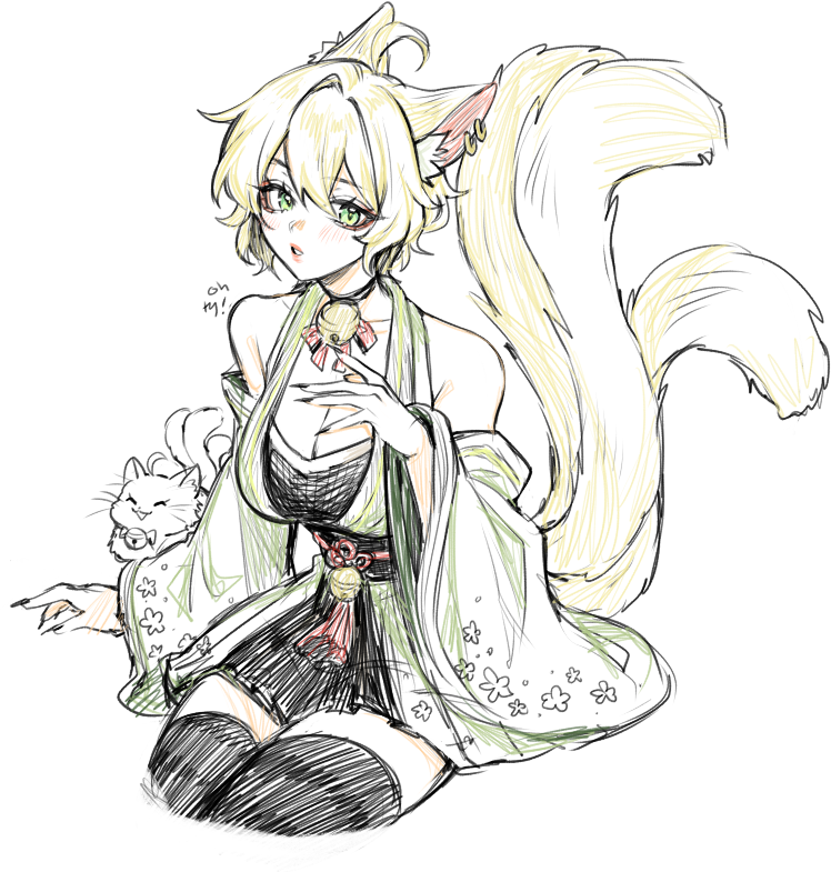 sasucchi95, original, commentary, english commentary, 1girl, aegyo sal, ahoge, animal, animal ear fluff, animal ear piercing, animal ears, arm at side, bare shoulders, bell, black choker, black dress, black nails, black thighhighs, blonde hair, bow, bowtie, breasts, cat, cat ears, cat girl, cat tail, choker, cleavage, detached sleeves, double-parted bangs, dress, english text, eyelashes, fingernails, flower, green eyes, green kimono, hair between eyes, hair flaps, hair intakes, hand on own chest, japanese clothes, kimono, large breasts, lips, long fingernails, long sleeves, looking at viewer, nail polish, neck bell, parted lips, pleated dress, red bow, red bowtie, short dress, short hair, simple background, tail, thighhighs, tri tails, tsurime, white background, wide sleeves, yellow tail, youko (sasucchi95), zettai ryouiki