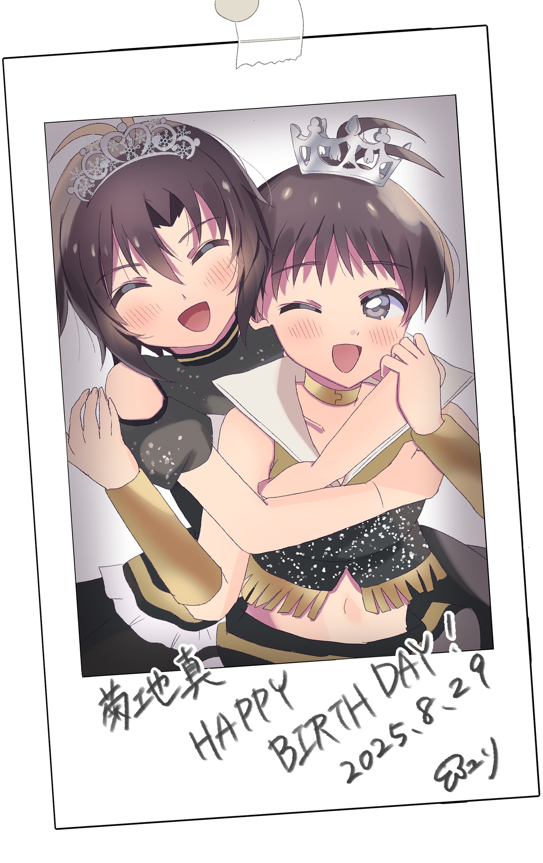 suyuri oekaki, kikuchi makoto, idolmaster, idolmaster (classic), idolmaster 1, absurdres, highres, antenna hair, black hair, choker, collared vest, grey eyes, happy birthday, hug, light blush, looking at another, navel, parted bangs, photo (object), tape, tiara, vest