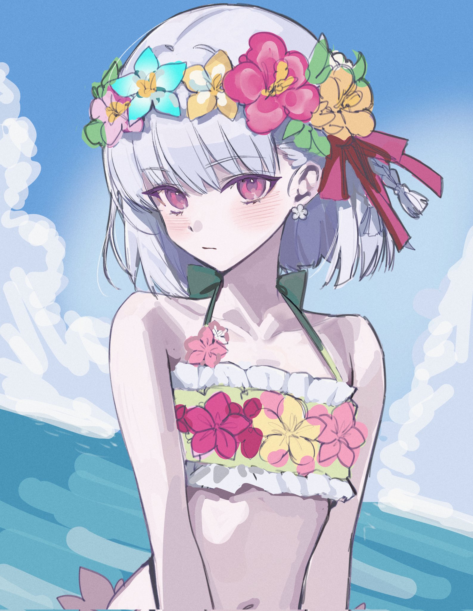 okchun, kama (fate), kama (first ascension) (fate), kama (swimsuit avenger) (first ascension) (fate), kama (young) (fate), fate/grand order, fate (series), highres, 1girl, blush, closed mouth, earrings, grey hair, hair ribbon, head wreath, jewelry, looking at viewer, navel, ocean, pink ribbon, red eyes, ribbon, short hair, solo, swimsuit, water