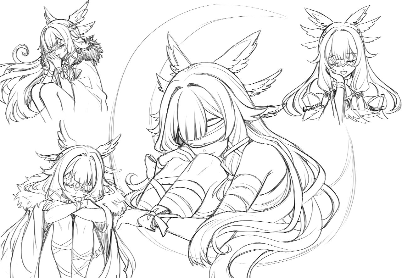 sasucchi95, columbina (genshin impact), genshin impact, commentary, english commentary, 1girl, :d, bandaged arm, bandages, bare shoulders, blindfold, bow, center-flap bangs, closed eyes, cropped legs, cropped torso, crossed arms, double-parted bangs, facing viewer, feathered wings, feet out of frame, greyscale, hair between eyes, hair flaps, hair intakes, hair ribbon, hand on own cheek, hand on own face, hand on own knee, head wings, knees up, long hair, low-tied sidelocks, monochrome, multiple views, open mouth, own hands together, ribbon, sidelocks, simple background, sitting, smile, u u, very long hair, white background, wide sleeves, wings