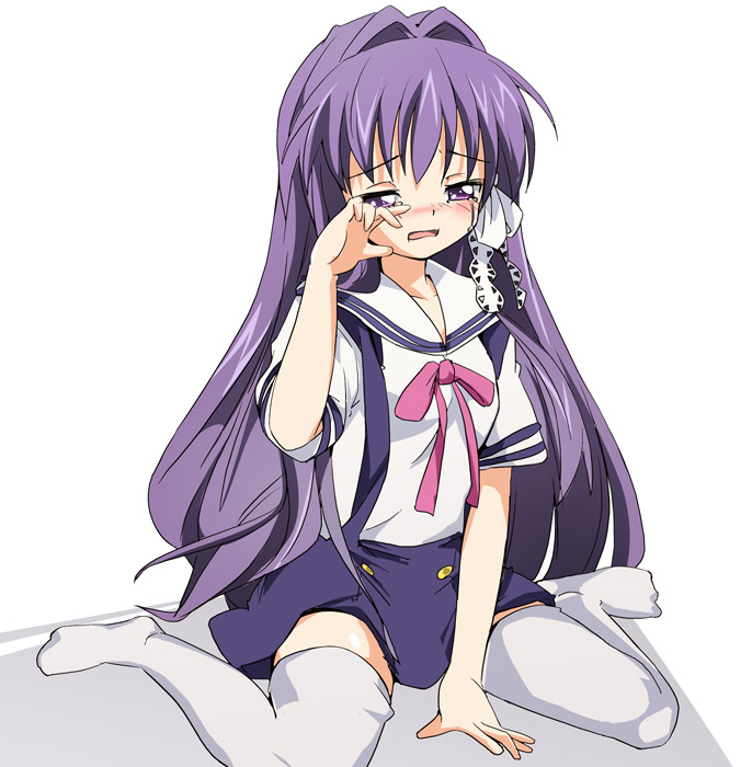 ixy, fujibayashi kyou, clannad, 00s, hair intakes, kneeling, school uniform, serafuku, sitting, skirt, solo, suspender skirt, suspenders, tears, thighhighs, white background, white thighhighs, zettai ryouiki