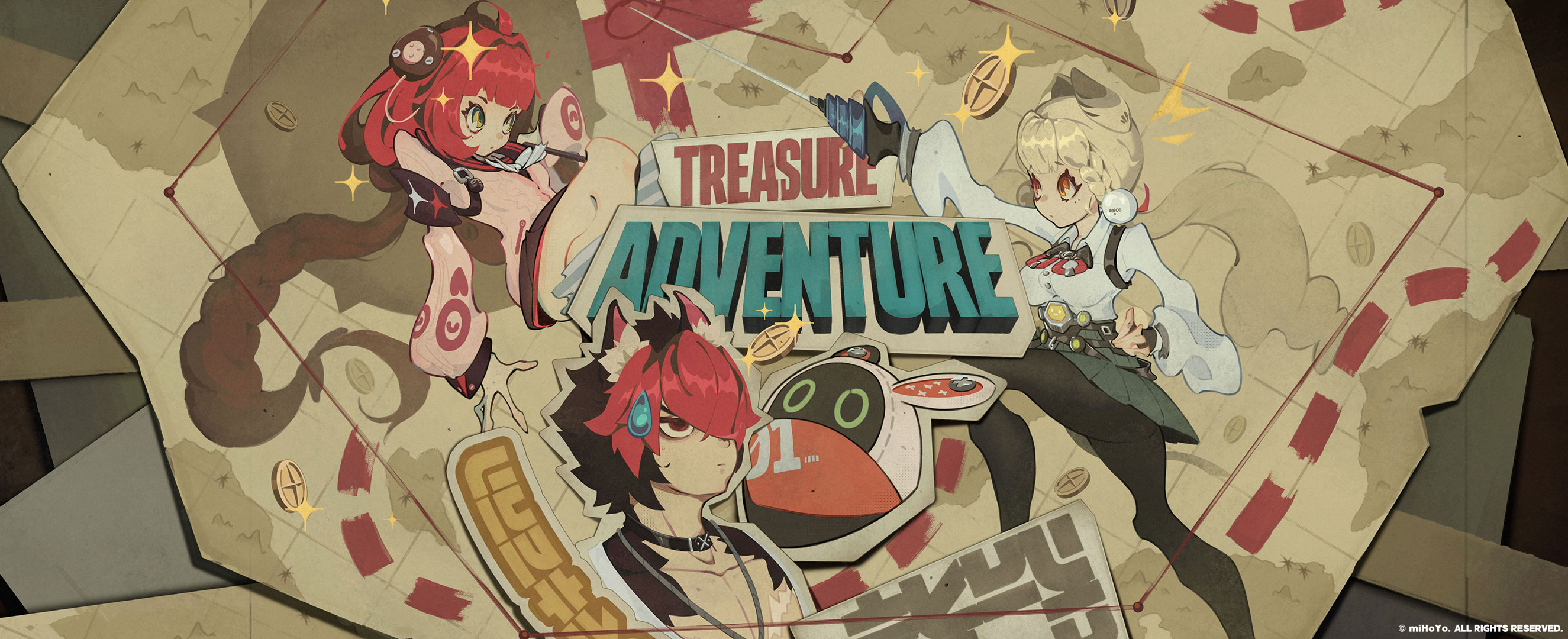 alice thymefield, bangboo (zenless zone zero), eous (zenless zone zero), komano manato, ukinami yuzuha, zenless zone zero, braided twintails, highres, official art, official wallpaper, 1boy, 1other, 2girls, animal ears, armband, black choker, black hair, black jacket, black pantyhose, blonde hair, bow, braid, breasts, cardigan, chest bow, choker, coin, copyright notice, dog boy, green eyes, hair ornament, hearing aid, heterochromia, jacket, long hair, low twintails, multicolored hair, multiple girls, pantyhose, pectorals, pink cardigan, pom pom (clothes), pom pom hair ornament, rabbit ears, rabbit girl, rapier, red eyes, red hair, shirt, short hair, sparkle, sphere hair ornament, sweatdrop, sword, twin braids, twintails, very long hair, weapon, white shirt, yellow eyes