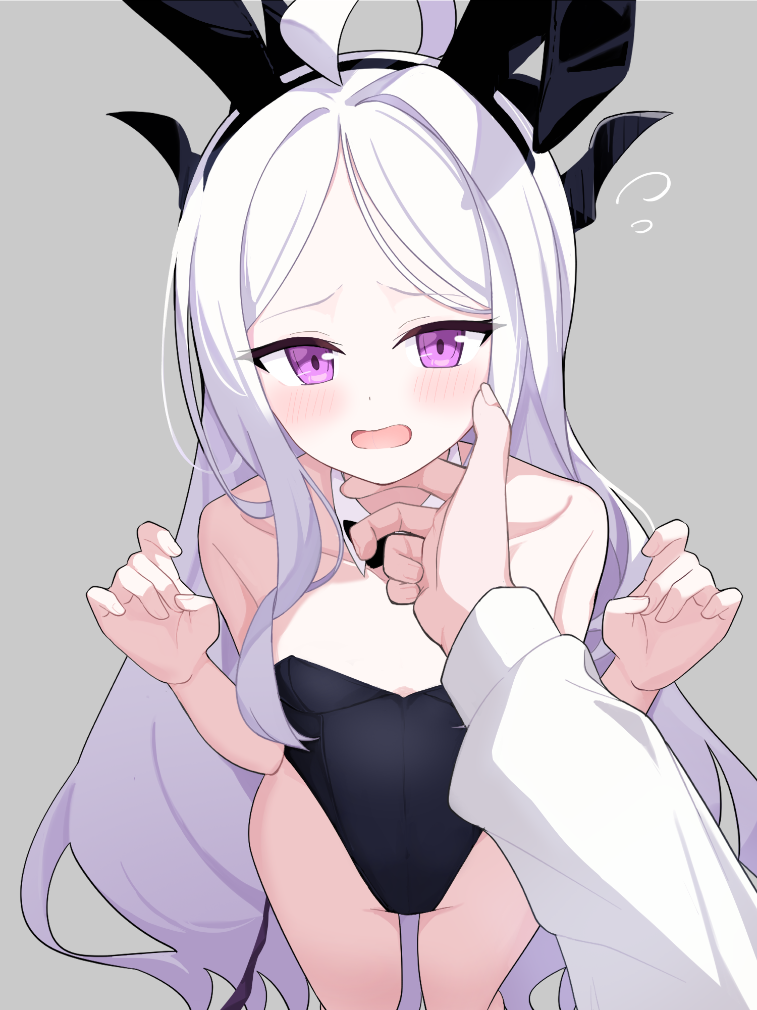minamino 3730, hina (blue archive), blue archive, highres, 1girl, ahoge, alternate costume, animal ears, bare legs, black horns, black leotard, breasts, cleavage, fake animal ears, grey background, horns, leotard, long hair, looking at viewer, playboy bunny, rabbit ears, simple background, small breasts, solo focus, standing, thighs, very long hair