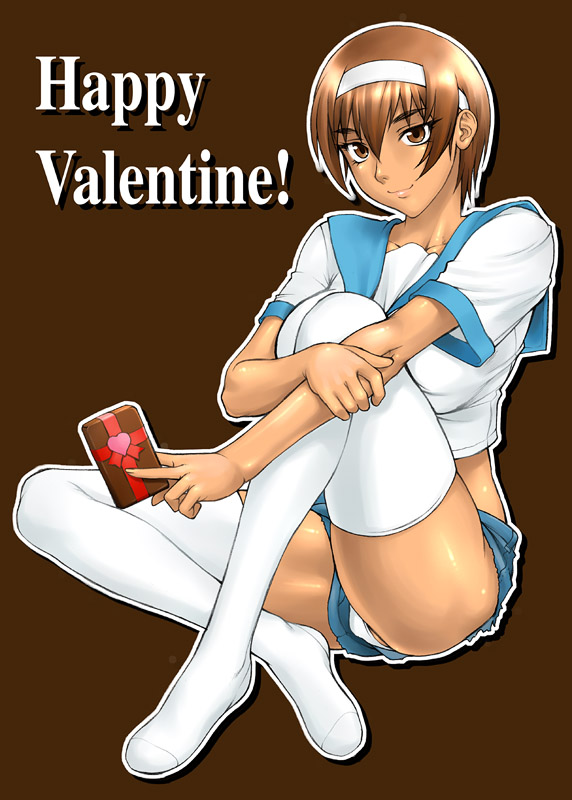 bang-you, kashiwagi azusa, kizuato, 1girl, dark-skinned female, dark skin, feet, female focus, hairband, happy valentine, no shoes, panties, shiny skin, short hair, solo, thighhighs, tomboy, underwear, valentine