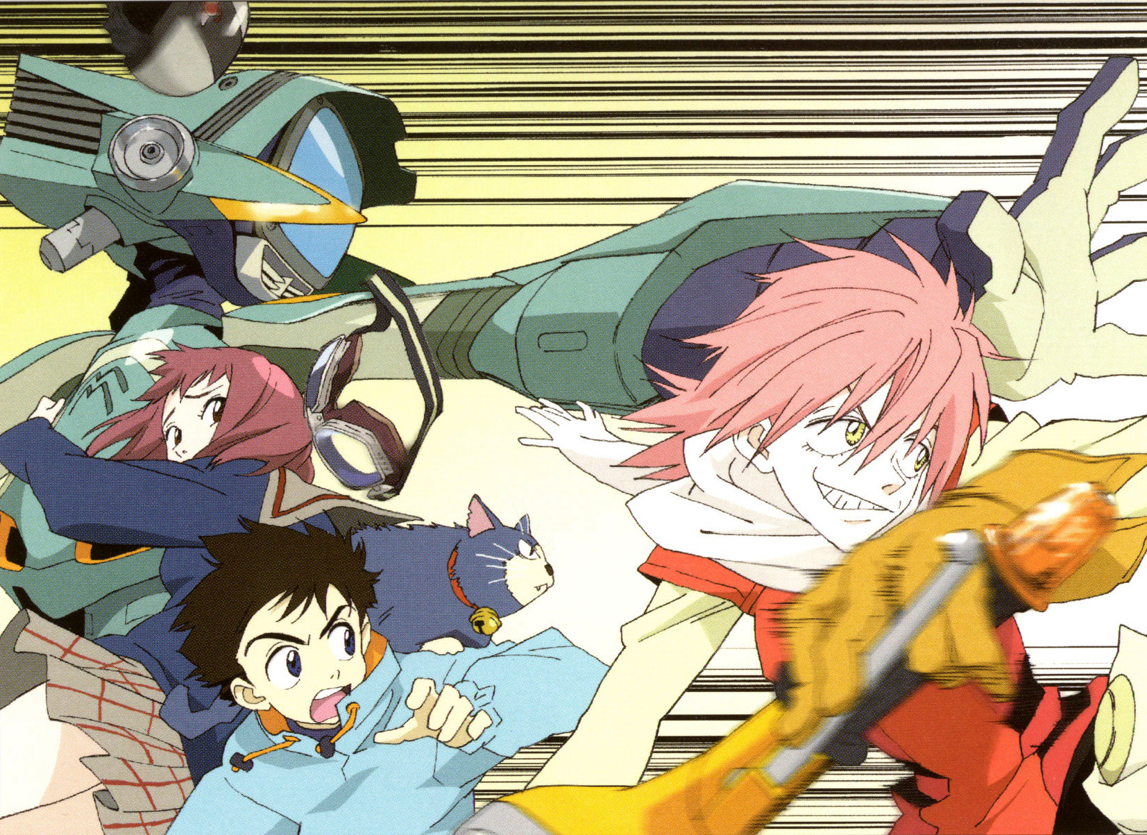 canti, haruhara haruko, miyu miyu, nandaba naota, samejima mamimi, flcl, vespa, plaid, vehicle, highres, 00s, bell, black hair, cat, collar, gloves, goggles, grin, humanoid robot, looking back, motion blur, motor vehicle, neck bell, pink hair, robot, scarf, school uniform, scooter, serafuku, short hair, skirt, smile, yellow eyes
