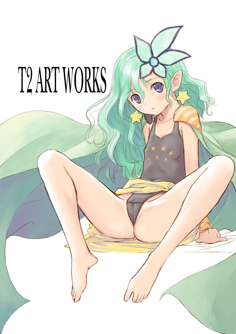 tony taka, rydia (ff4), rydia (young) (ff4), final fantasy, final fantasy iv, 1990s (style), 1girl, barefoot, blue eyes, blush, cameltoe, cape, earrings, feet, female focus, flat chest, green hair, jewelry, loli, long hair, pointy ears, retro artstyle, sitting, solo, spread legs