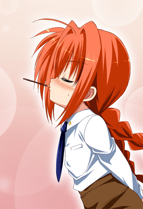 yokoyama kouji, vita (nanoha), lyrical nanoha, mahou shoujo lyrical nanoha, mahou shoujo lyrical nanoha strikers, 00s, 1girl, blush, female focus, food, mouth hold, necktie, pocky, solo, valentine