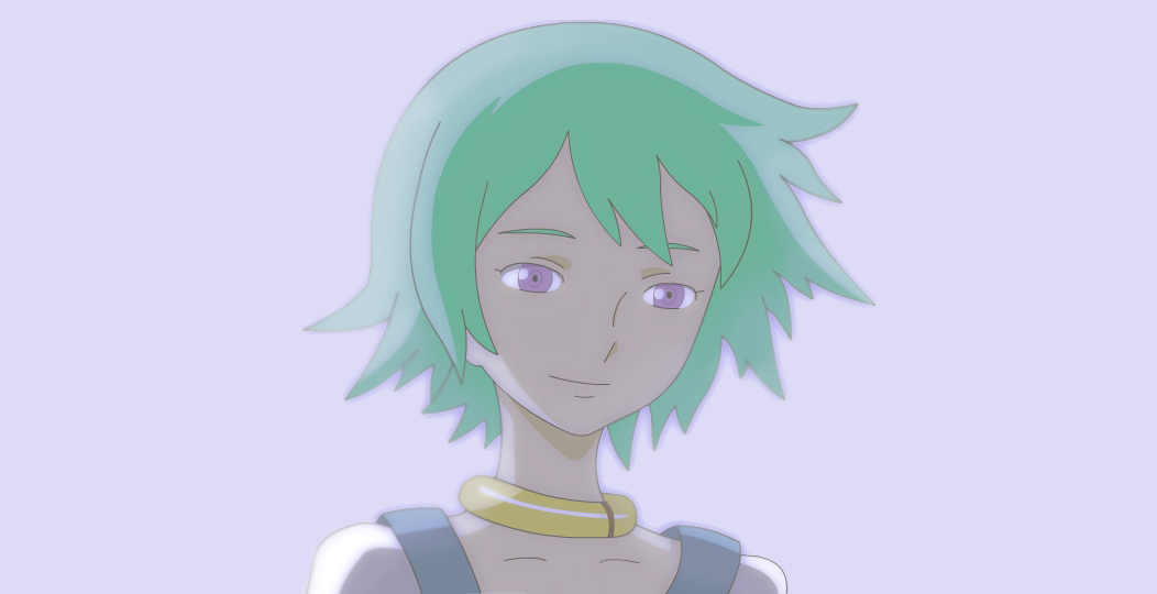 eureka (eureka seven), eureka seven, eureka seven (series), 00s, 1girl, aqua hair, blurry, closed mouth, collar, collarbone, female focus, green hair, looking down, pink background, short hair, simple background, smile, solo, upper body