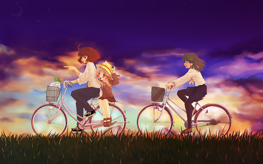 yuuki (snowhouse), kochiya sanae, moriya suwako, yasaka kanako, touhou, 3girls, bicycle, casual, female focus, hat, multiple girls, riding, school uniform, serafuku, sidesaddle, sky