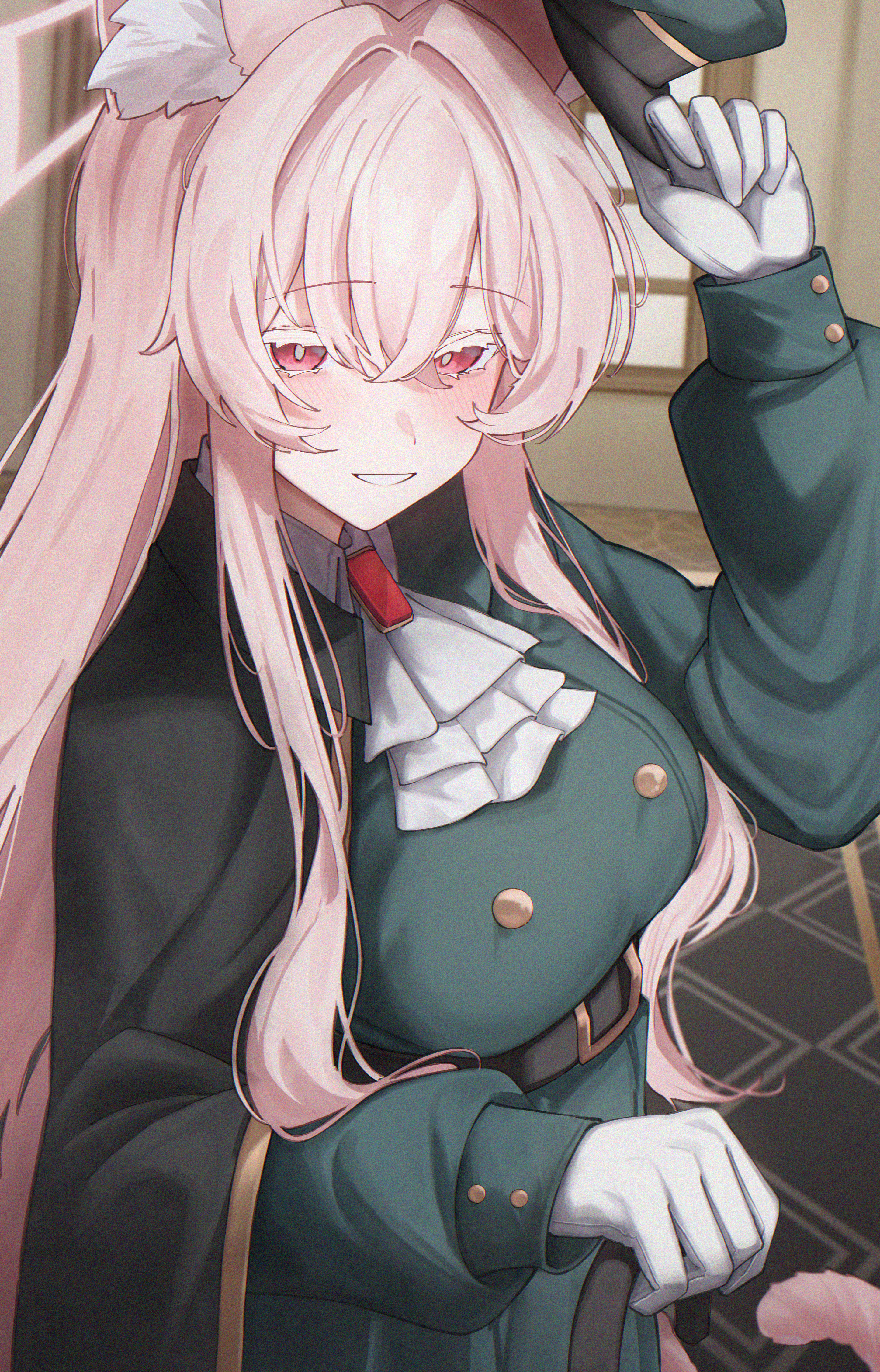 oiru (613), akira (blue archive), blue archive, absurdres, commentary request, highres, 1girl, animal ear fluff, animal ears, blush, cat ears, cat girl, cat tail, colored eyelashes, long hair, looking at viewer, official alternate costume, pink eyes, pink hair, smile, solo, tail, white eyelashes