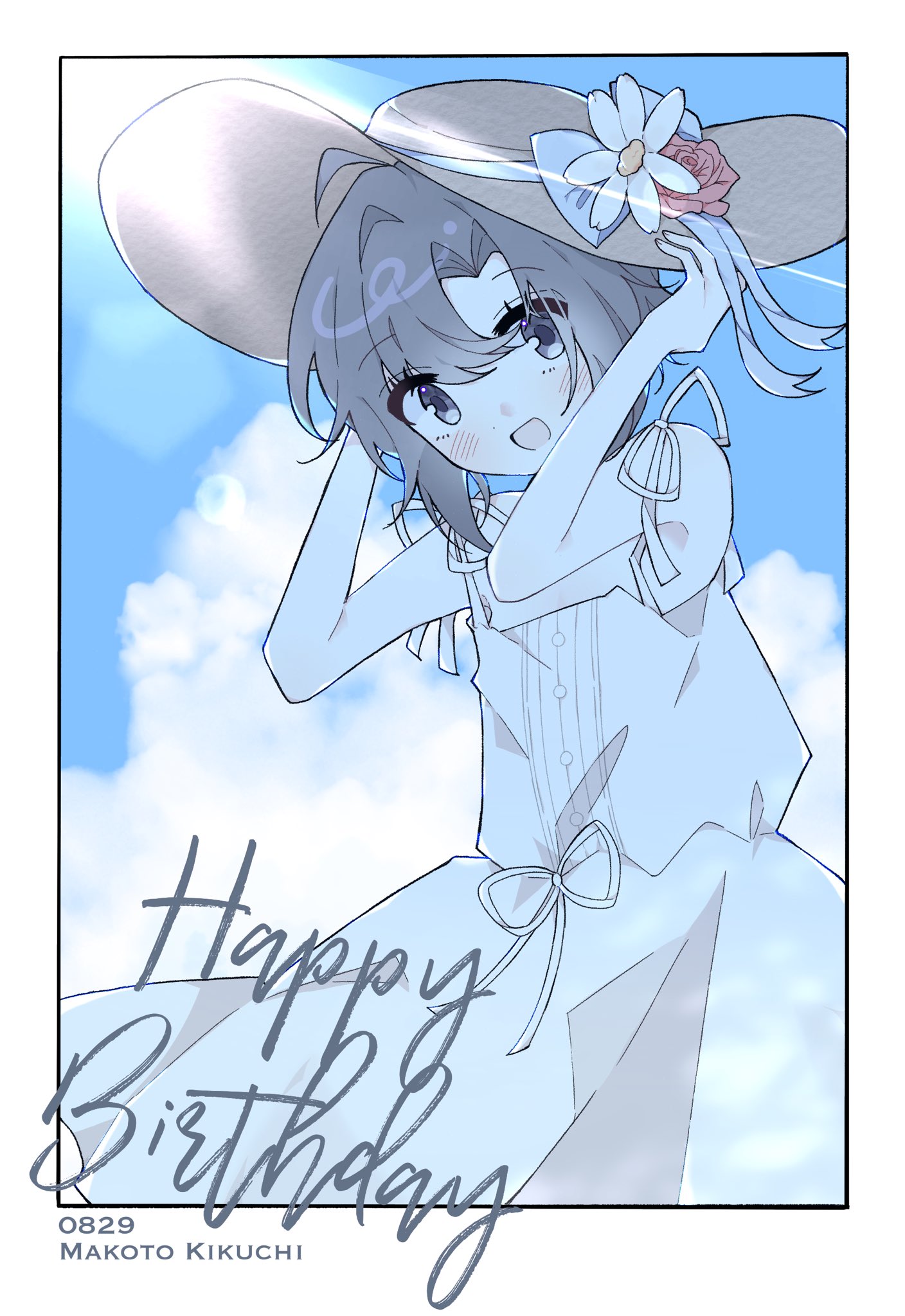 kikuchi makoto, idolmaster, idolmaster (classic), highres, antenna hair, black hair, blue sky, border, cloud, dress, flower, grey eyes, hands on headwear, happy birthday, hat, ibae imas, light blush, looking at viewer, parted bangs, red flower, red rose, ribbon, rose, sky, sleeveless, sleeveless dress, sun hat, sundress, white border, white dress, white ribbon