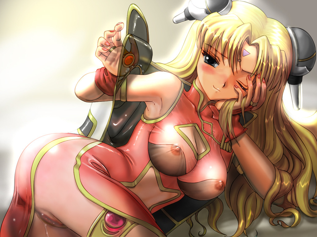 ranpha franboise, broccoli (company), galaxy angel, 00s, 1girl, bare shoulders, blonde hair, blush, breasts, china dress, chinese clothes, cleavage cutout, clothing cutout, covered erect nipples, dress, female focus, hair ornament, hairclip, large breasts, naughty face, nipples, pussy, pussy juice, see-through clothes, solo, tight clothes, wet