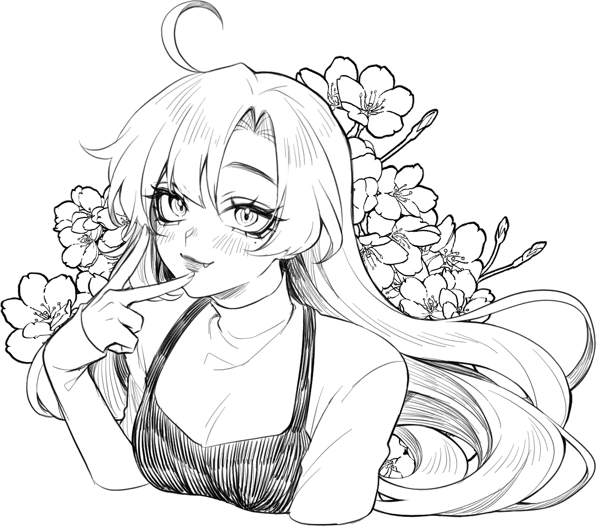 sasucchi95, original, commentary, commission, english commentary, 1girl, :3, aegyo sal, arm at side, breasts, camisole, cowlick, cropped torso, curtained hair, eyelashes, fang, fingernails, flower, from above, greyscale, hair between eyes, hatching (texture), inward v, lips, long hair, long sleeves, looking at viewer, monochrome, shirt, simple background, sleeves past wrists, small breasts, solo, tsurime, turtleneck, turtleneck shirt, upturned eyes, v, v over mouth, white background