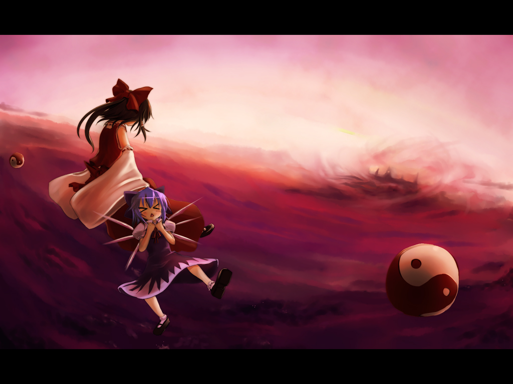 scarlet (studioscr), cirno, hakurei reimu, embodiment of scarlet devil, touhou, white legwear, > <, 2girls, back, blue hair, bow, child, closed eyes, detached sleeves, female focus, hair bow, letterboxed, mary janes, multiple girls, ponytail, red bow, red ribbon, ribbon, ribbon-trimmed sleeves, ribbon trim, shoes, short hair, socks, triangle mouth, white sleeves, wide sleeves, yin yang