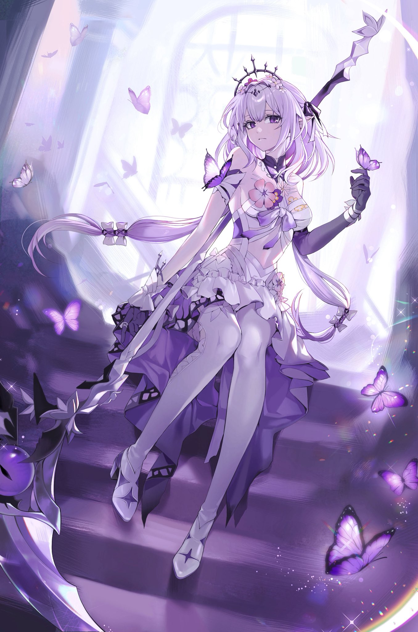 koret owo, castorice (honkai: star rail), honkai: star rail, honkai (series), highres, 1girl, asymmetrical gloves, black tiara, breasts, bug, butterfly, butterfly on hand, closed mouth, dress, elbow gloves, full body, gloves, high heels, insect, legwear cutout, long hair, looking at viewer, pantyhose, pointy ears, purple butterfly, purple eyes, purple gloves, purple hair, scythe, shoes, sitting, solo, stairs, tiara, uneven gloves, very long hair, white dress, white pantyhose, white shoes